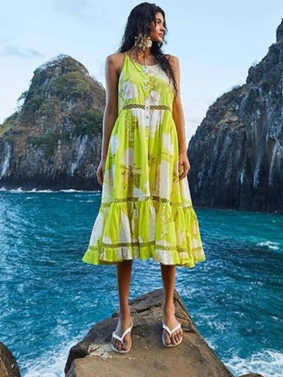 FARM Rio Dresses & Skirts - FARM Rio Neon Garden Floral Midi Summer Swiss Dot Halter Dress in neon yellow